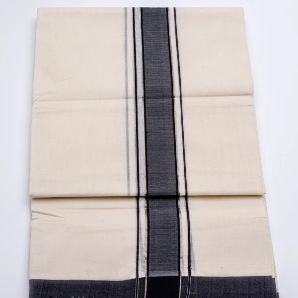 Balaramapuram Handloom Double Dhothi (Black Border , Kasavu Silver 1/4") - Image 3