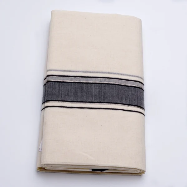 Balaramapuram Handloom Kasavu Double Dhothi (Dhothy)- Kerala Mundu 1″ Black Border Kasavu Silver 1/4 “ stripe border