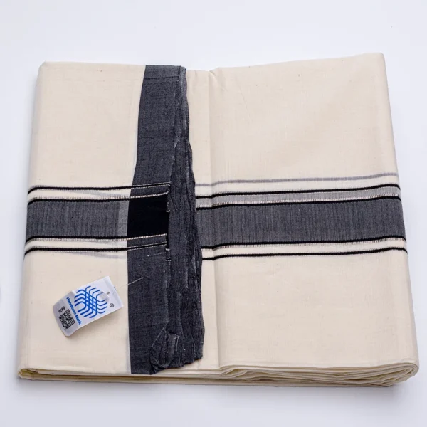 Balaramapuram Handloom Kasavu Double Dhothi (Dhothy)- Kerala Mundu 1″ Black Border Kasavu Silver 1/4 “ stripe border