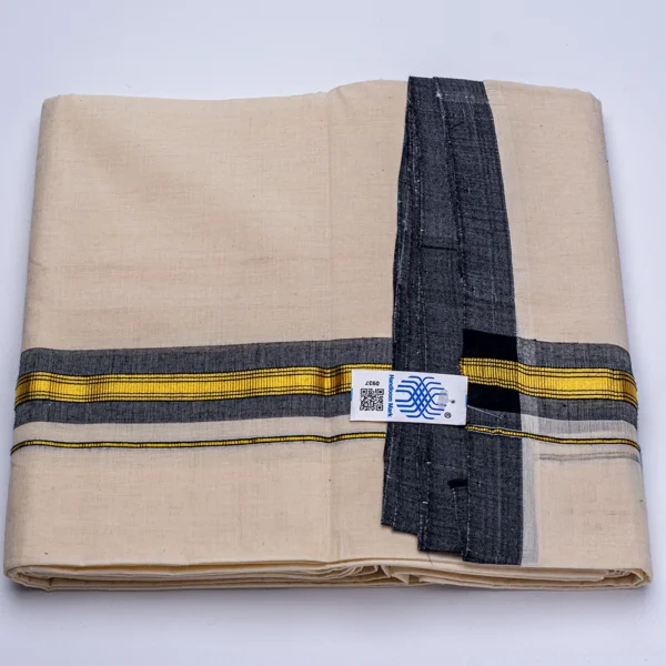 Balaramapuram Handloom Double Dhothi ( 1 " Black , 1/2" Gold kasavu border) - Image 2