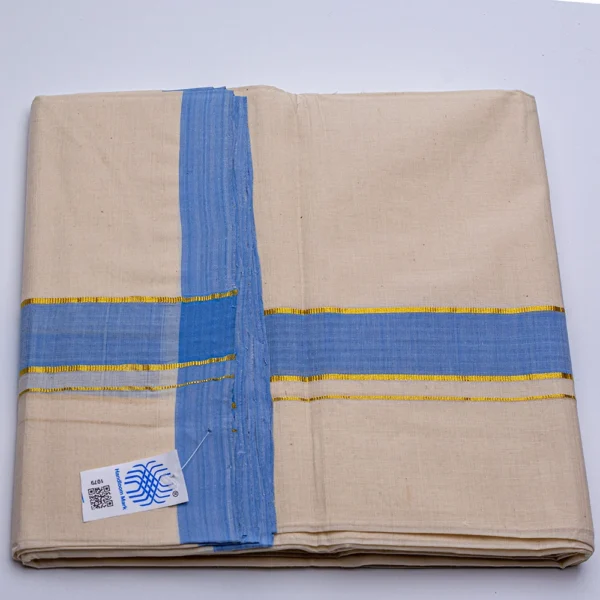 Balaramapuram Handloom Double Dhothi (Blue  Border , Kasavu Gold 1/4") - Image 2