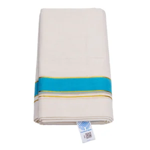 Balaramapuram Handloom Premium Kasavu Double Dhothi (Dhothy)- Kerala Mundu 1” Sky blue Border ½” Gold Kasavu Border
