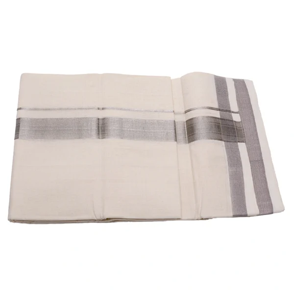 Balaramapuram Handloom Kasavu Double Dhothi (Dhothy)- Kerala Mundu 1” x 1.5” Silver Kasavu Border
