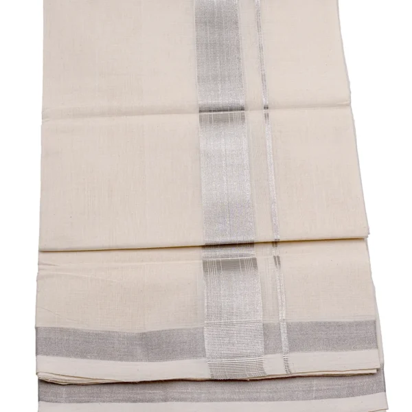 Balaramapuram Handloom Double Dhothi/Mundu ( 1" x 1.5" Silver Kasavu) - Image 3