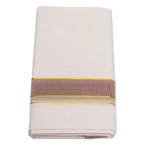Balaramapuram Handloom Premium Kasavu Double Dhothi (Dhothy)- Kerala Mundu 1” Brown Border ½” Gold Kasavu Border