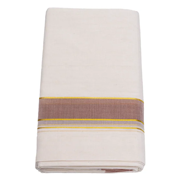 Balaramapuram Handloom Premium Kasavu Double Dhothi (Dhothy)- Kerala Mundu 1” Brown Border ½” Gold Kasavu Border