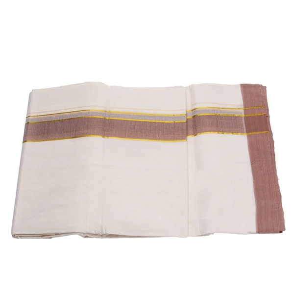 Balaramapuram Handloom Premium Kasavu Double Dhothi (Dhothy)- Kerala Mundu 1” Brown Border ½” Gold Kasavu Border