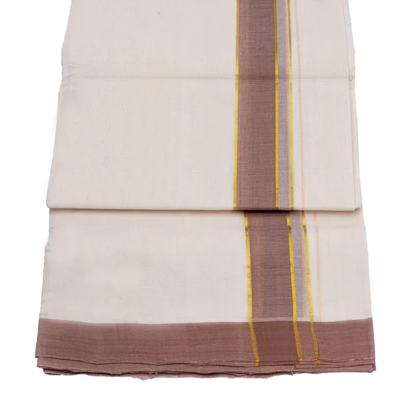 Balaramapuram Handloom Double Dhothi/Mundu ( 1 " Brown, 1/4" Golden  kasavu border) - Image 4